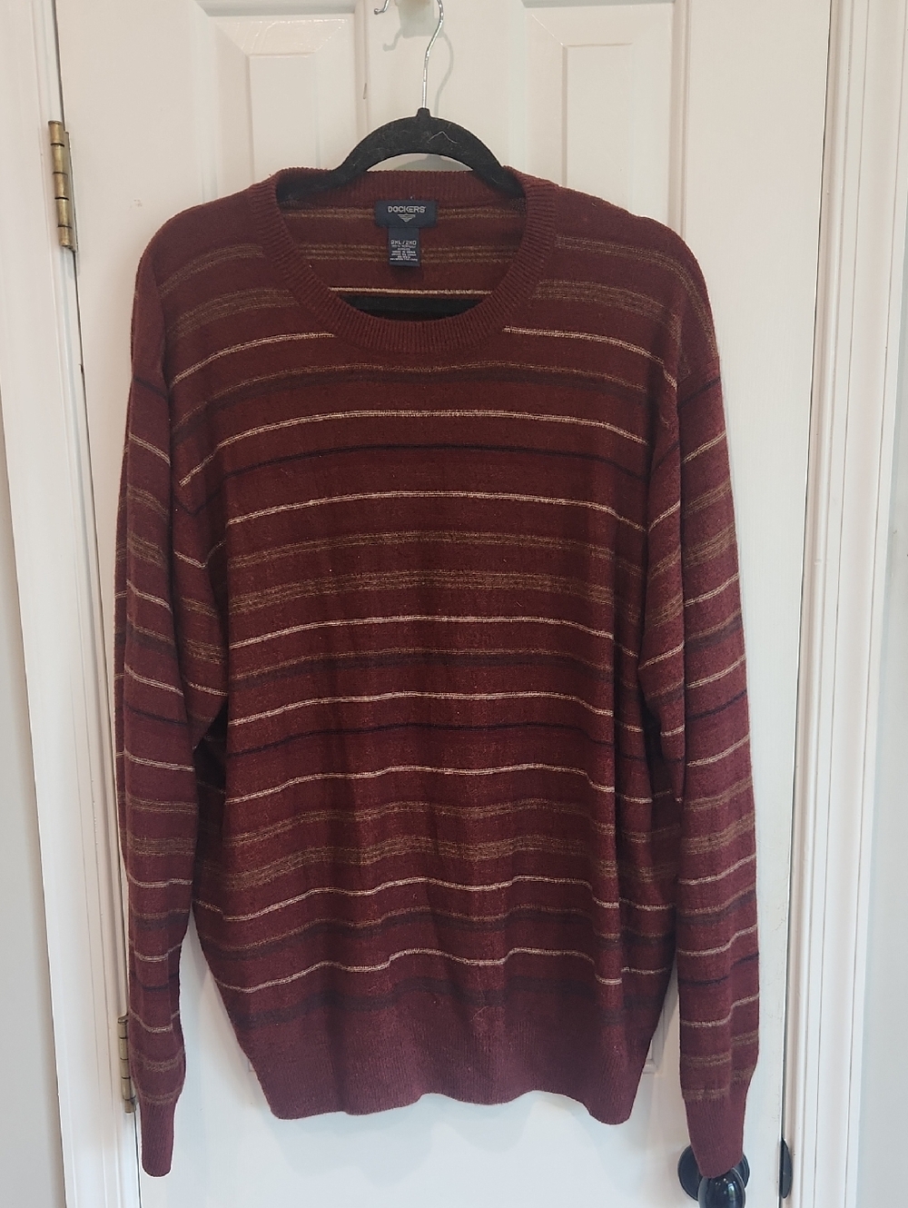 Dockers Men's Maroon Crewneck Sweater with Tan Stripes